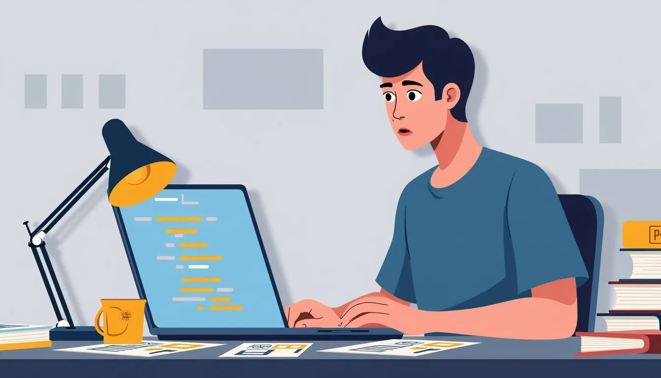 A young man sits at a desk using a laptop, surrounded by papers, books, a lamp, and a yellow mug. The screen displays lines of code.