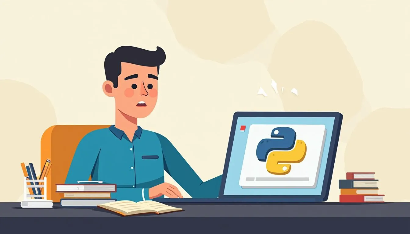 A person sits at a desk with books and a laptop displaying the Python programming logo, appearing to study or work on coding.