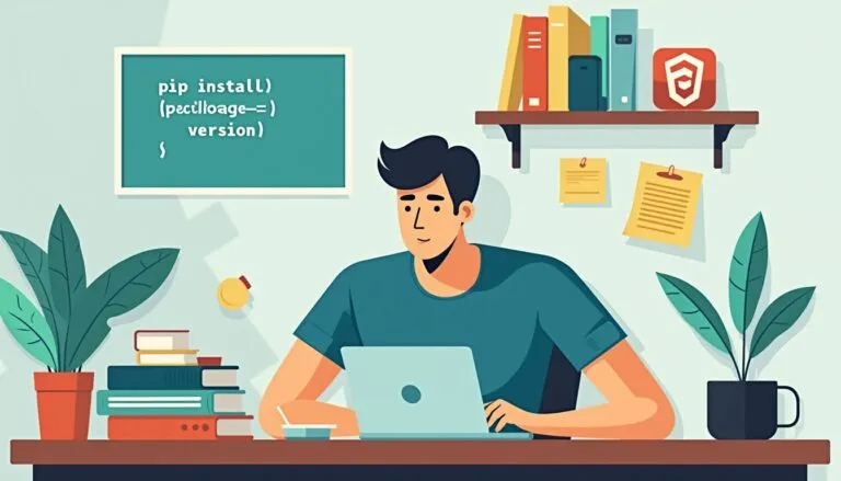 A person sits at a desk with a laptop, surrounded by books and plants. A chalkboard behind them displays a pip install command for a Python package.