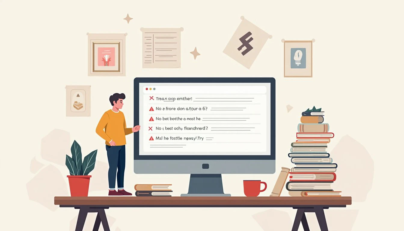 Minimalist illustration of a workspace with an old computer and error messages. Minimalist illustration of a workspace with an old computer and error messages.