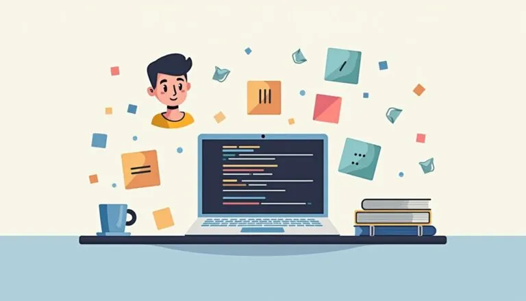 A laptop with code on the screen sits on a desk with books, a cup, and scattered sticky notes, while an illustrated person's face appears above the laptop.