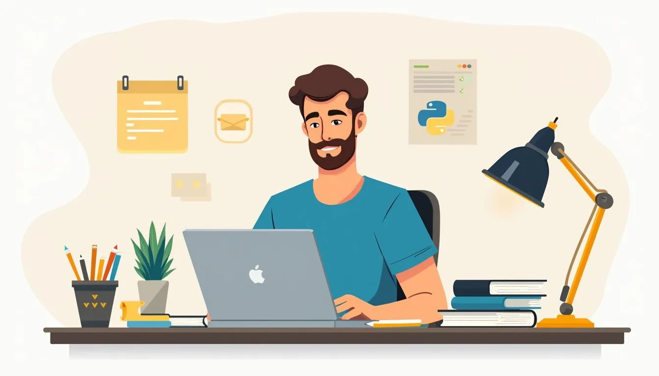 Man focused on laptop at a minimalist home office desk. Man focused on laptop at a minimalist home office desk.