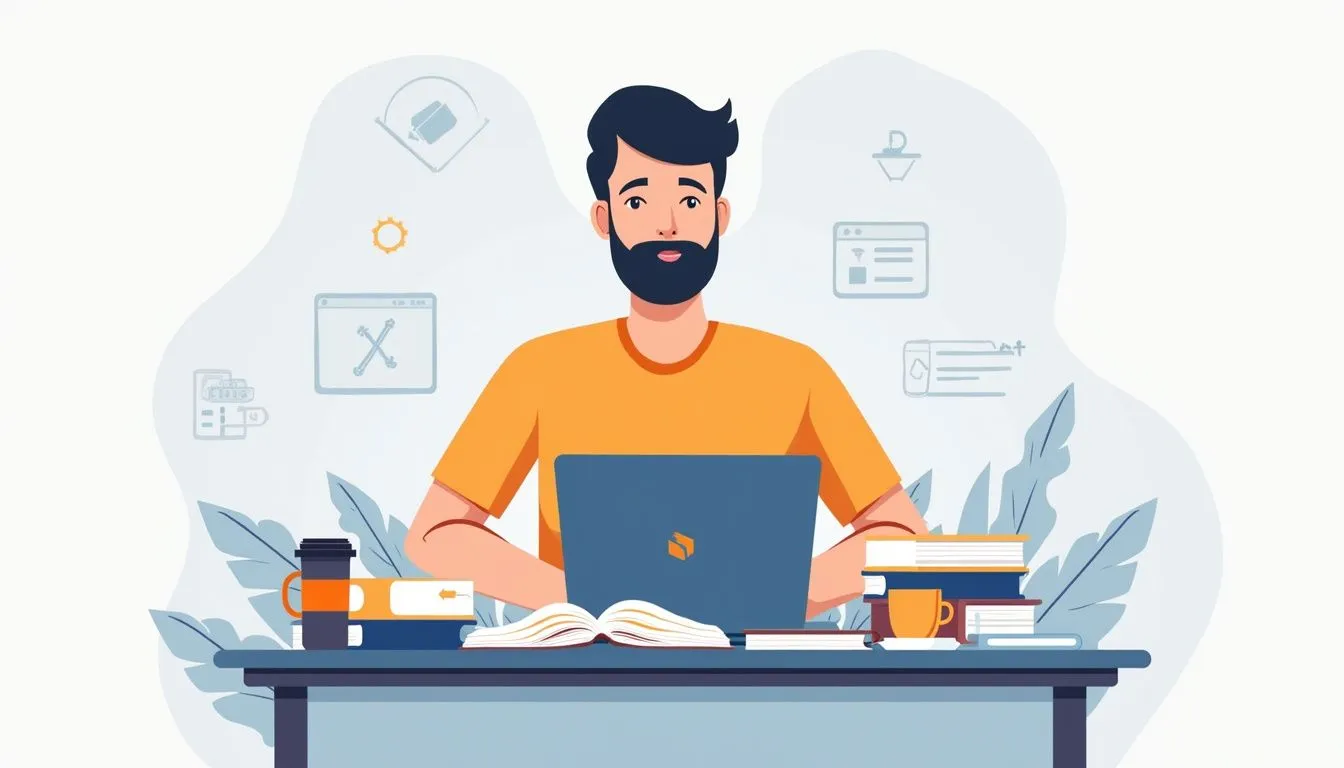 Illustration of a man with a beard sitting at a desk with a laptop, books, coffee cups, and office supplies, surrounded by digital icons in the background.
