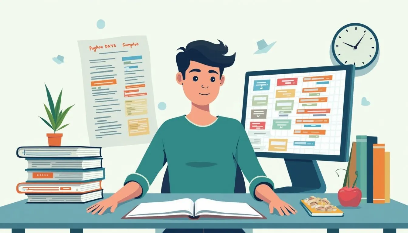 Teenage boy studying at a cluttered desk with coding materials.