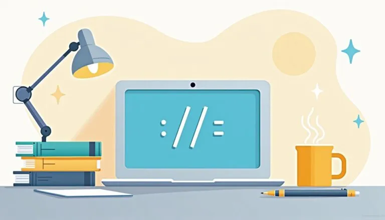 A desk with a laptop displaying code symbols, a stack of books, a desk lamp, a steaming coffee mug, and a pen on a notepad.