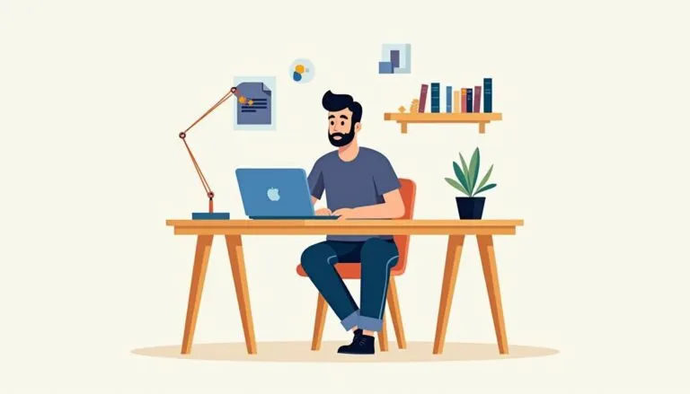 Illustration of a man with a beard working on a laptop at a desk with a lamp, plant, books, and wall decor in a home office setting.