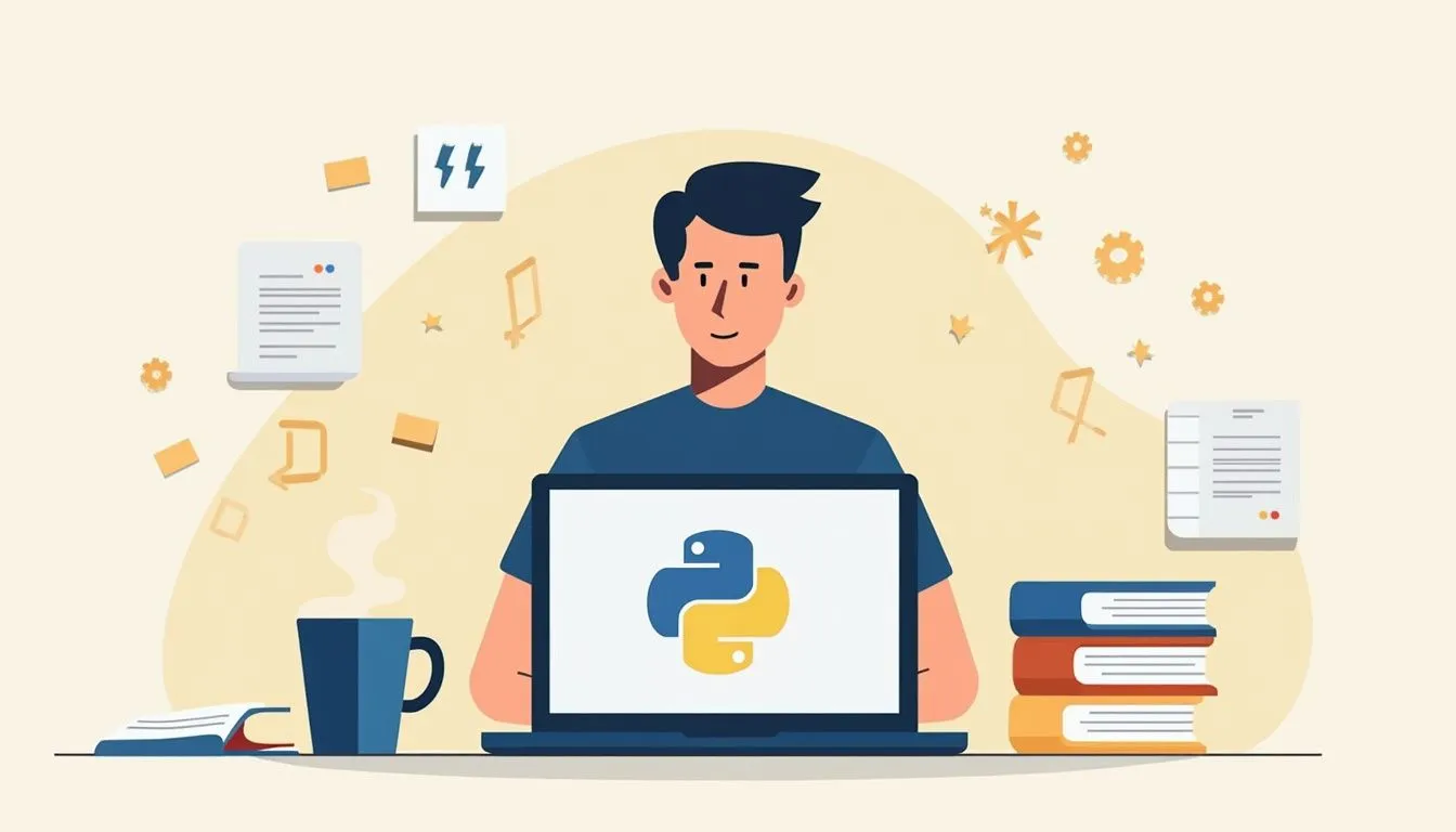 Minimalist workspace illustration featuring a laptop, coding books, and coffee spill.