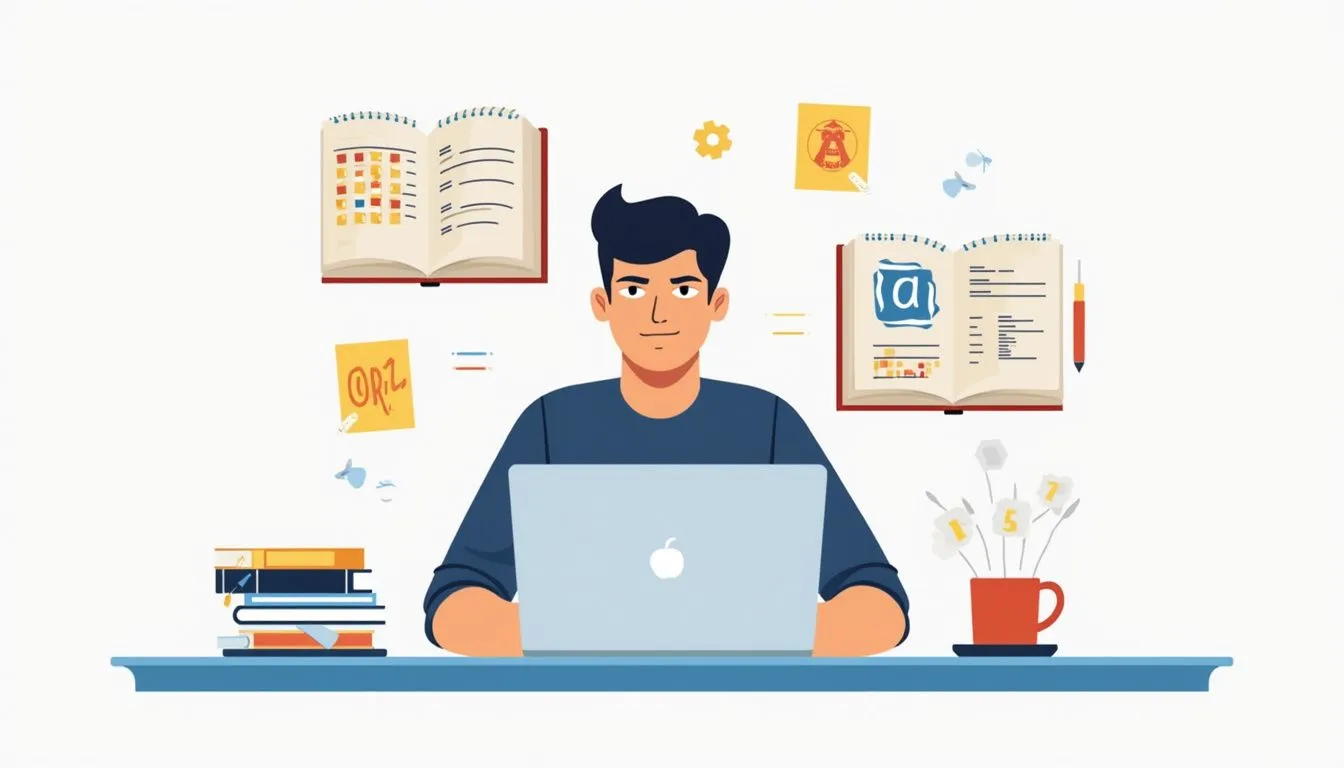 Illustration of a person sitting at a desk with a laptop, surrounded by open books, sticky notes, a stack of books, and a red mug.