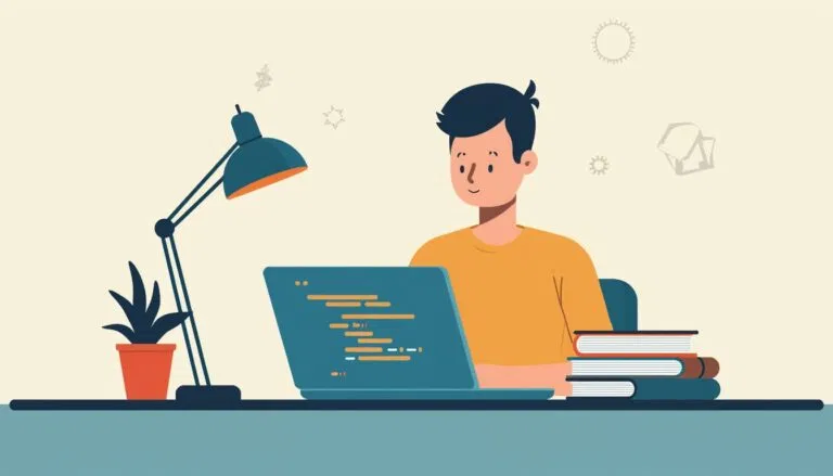 A person sits at a desk working on a laptop with code on the screen, next to a lamp, a potted plant, and a stack of books.