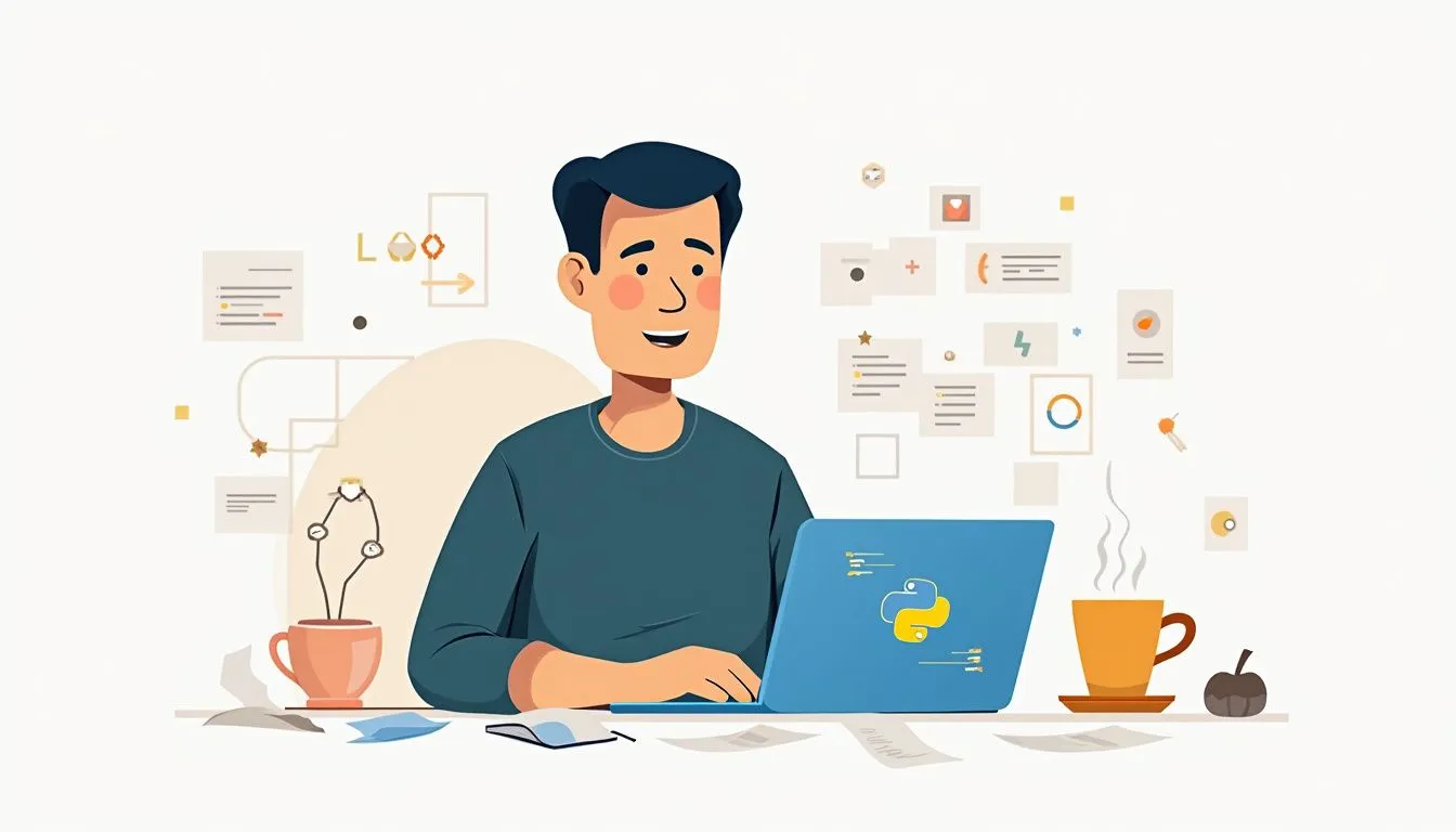 Illustration of a person working on a laptop with a Python logo, surrounded by documents, a coffee cup, and floating icons, suggesting coding or studying.