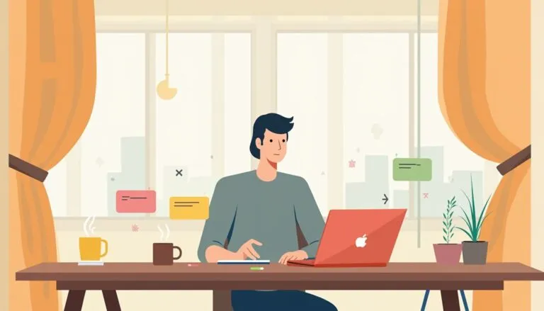 A person sits at a desk using a red laptop, with coffee cups, a plant, and colorful notes around, in a bright room with large windows and orange curtains.