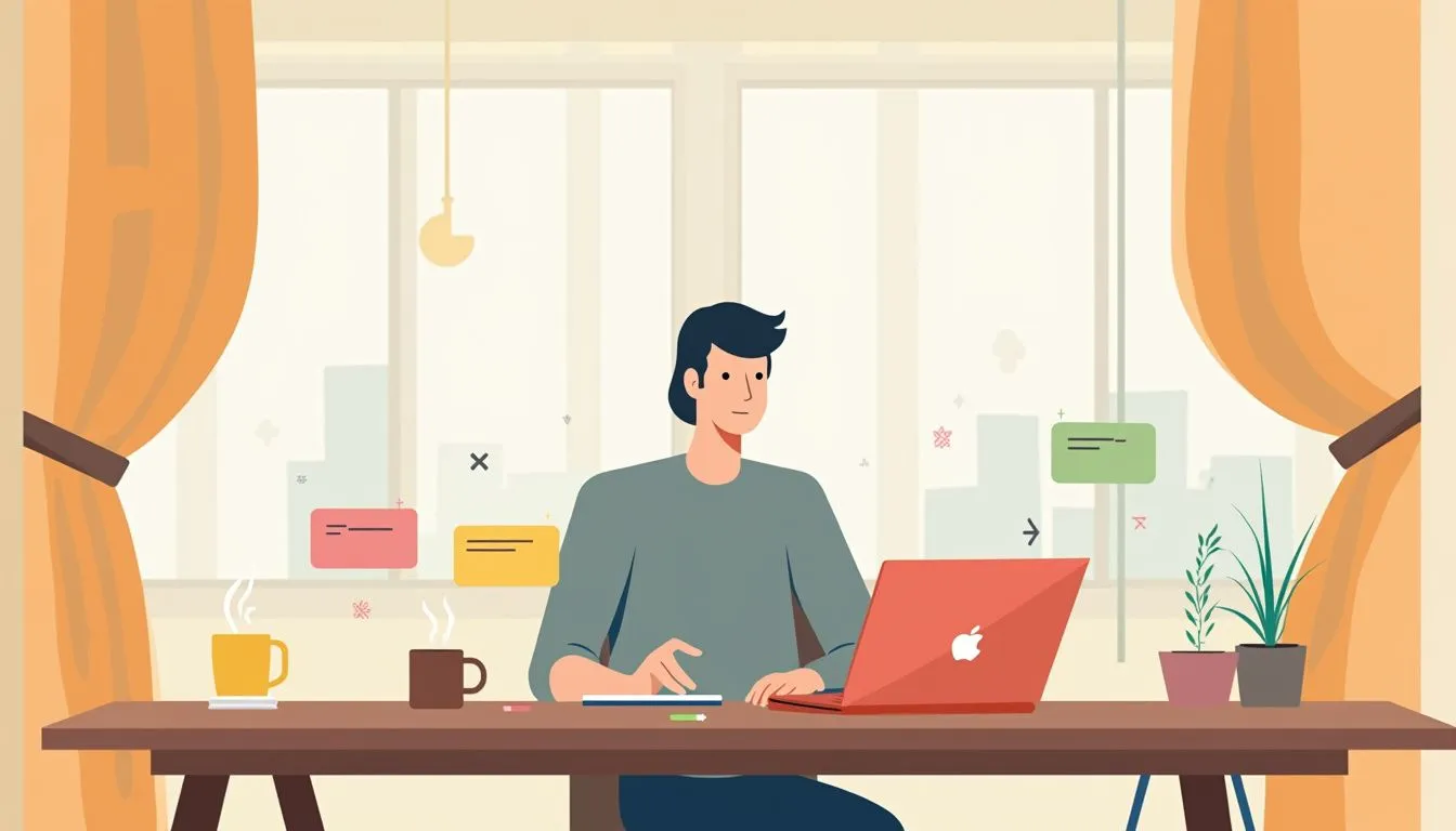 A person sits at a desk using a red laptop, with coffee cups, a plant, and colorful notes around, in a bright room with large windows and orange curtains.