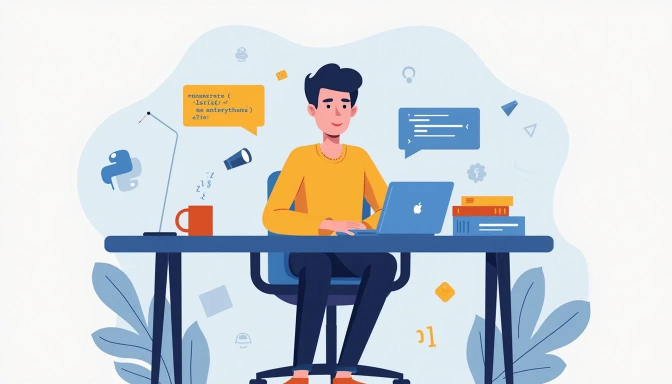 Person sitting at a desk working on a laptop, surrounded by programming symbols, code snippets, a stack of books, coffee mug, and a lamp, suggesting a software development environment.