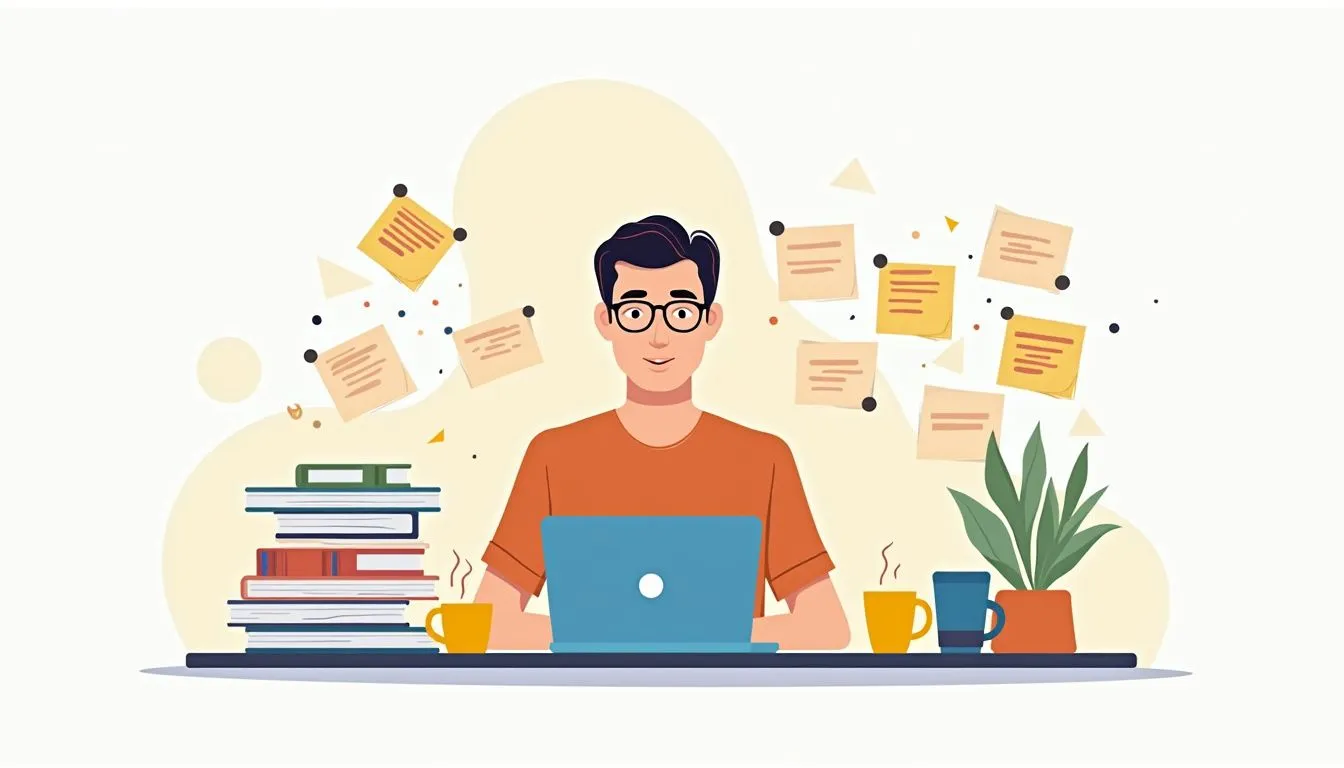 python functional language 422668294 A person wearing glasses works on a laptop at a desk with books, coffee cups, a plant, and sticky notes in the background.