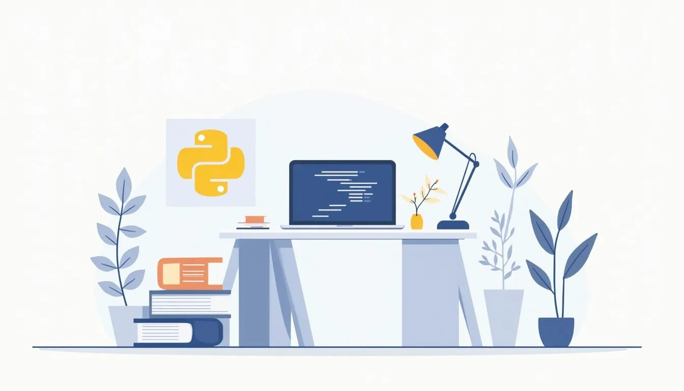 python i o 422652982 Illustration of a modern desk setup with a laptop, desk lamp, plants, stacked books, and a wall poster displaying the Python programming language logo.