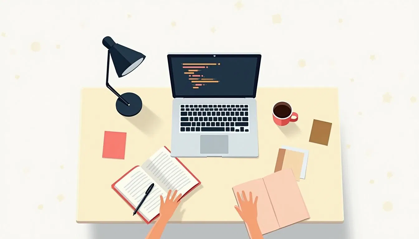 Minimalist flat illustration of a tidy modern workspace from above. Minimalist flat illustration of a tidy modern workspace from above.