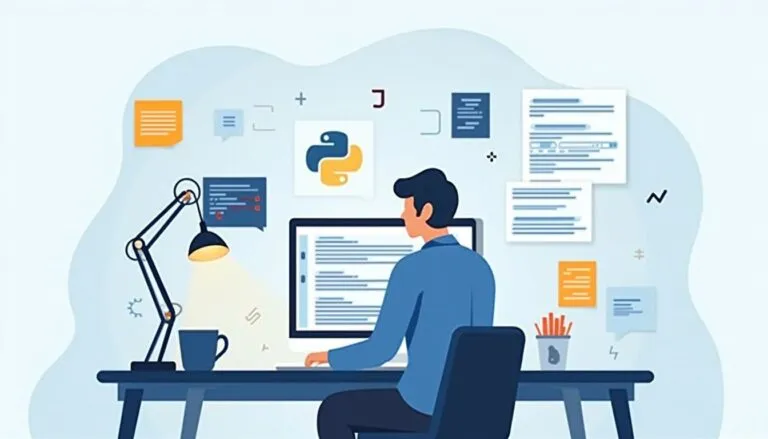 A person sits at a desk working on a computer with Python code on the screen, surrounded by notes, code snippets, and a desk lamp.