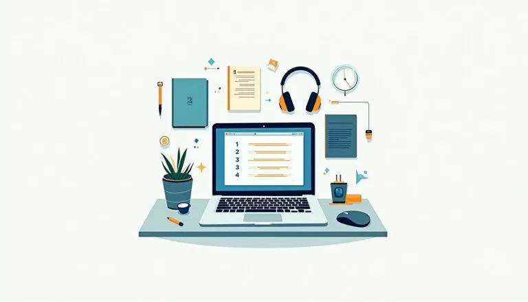 Illustration of a laptop on a desk with a plant, notebook, headphones, mouse, USB drive, coffee cup, clock, pen, and papers, depicting a modern workspace setup.