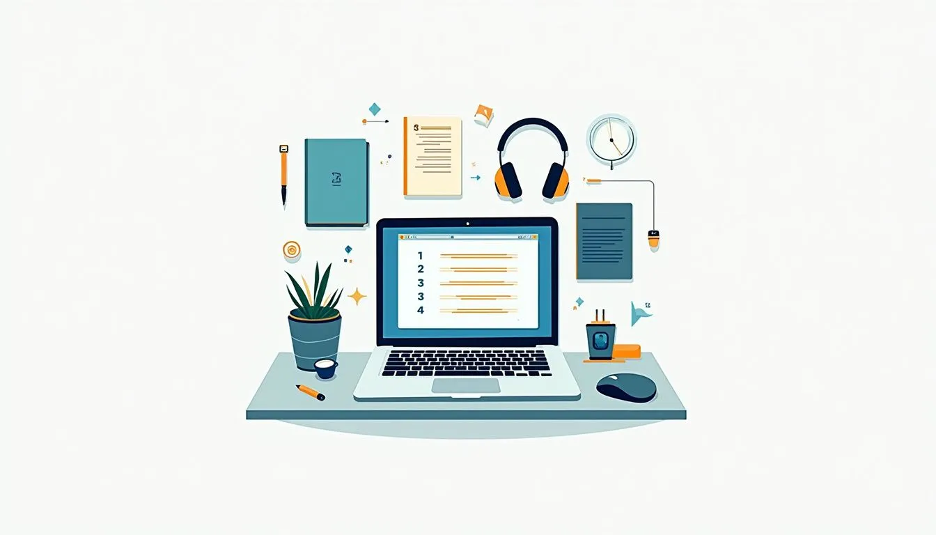 Illustration of a laptop on a desk with a plant, notebook, headphones, mouse, USB drive, coffee cup, clock, pen, and papers, depicting a modern workspace setup.