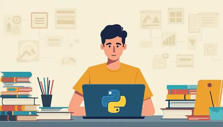 A person works on a laptop with a Python logo, surrounded by books, pencils, and digital charts in the background.
