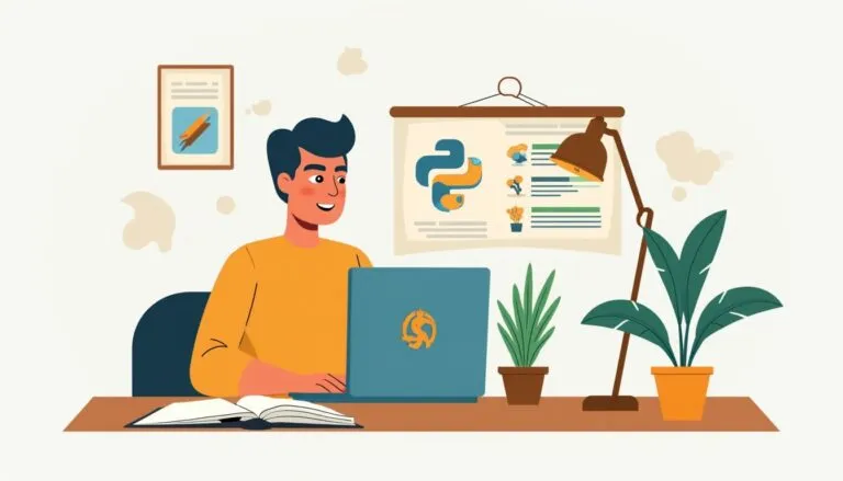 Illustration of a person working at a laptop in an office with plants, an open book, and a Python programming poster on the wall.