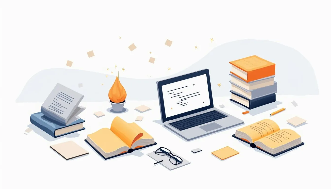 Minimalist desk scene with books, laptop, and abstract geometric elements. Minimalist desk scene with books, laptop, and abstract geometric elements.