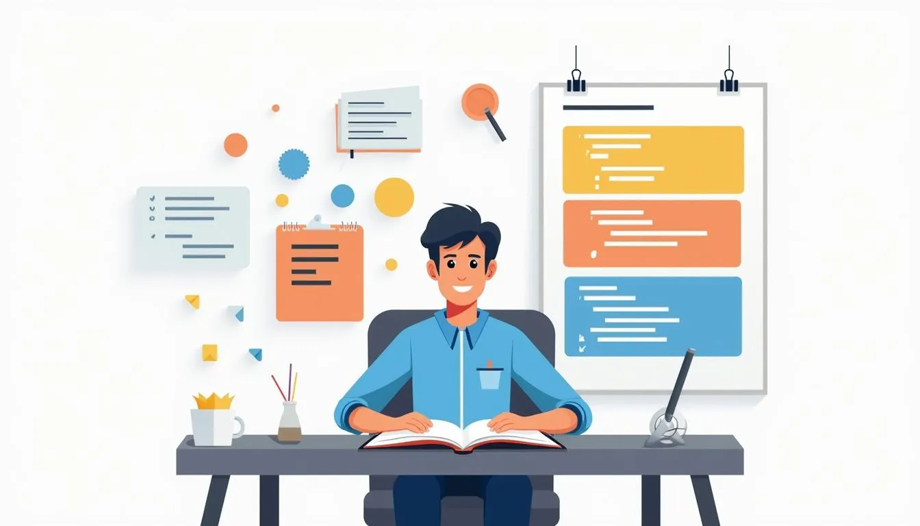 python list vs dictionary 422678609 A person sits at a desk with an open book, surrounded by notes and sticky reminders, with a large task list pinned to the wall behind them.