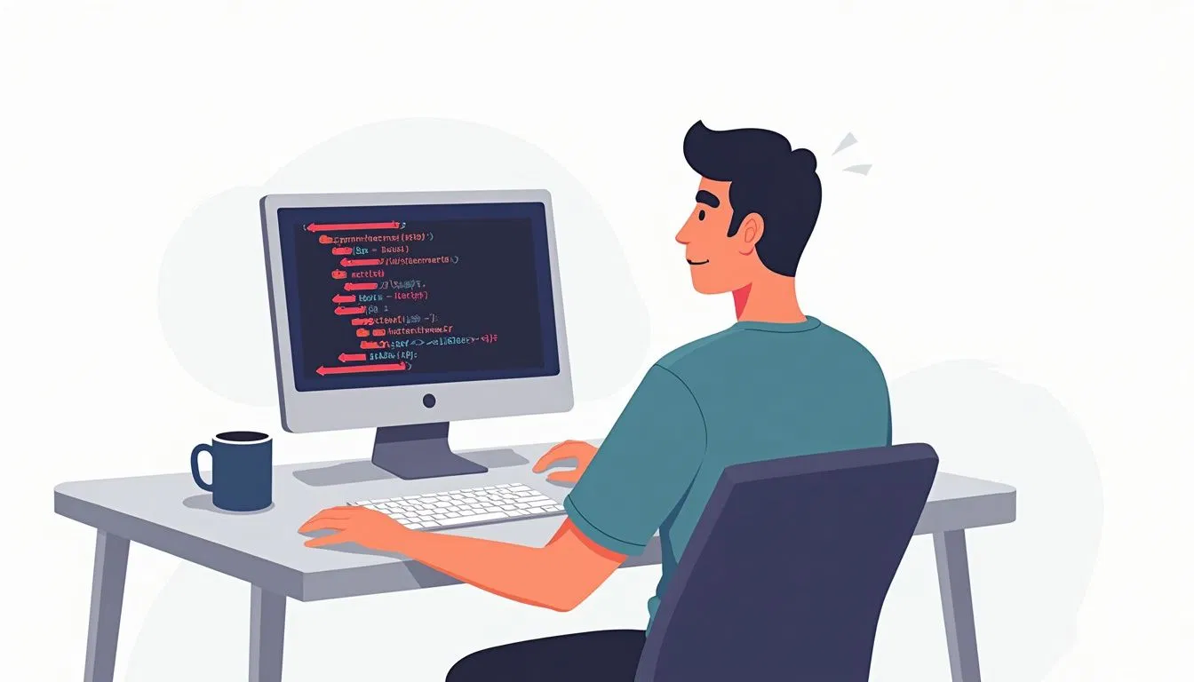 Person focused on computer with programming languages and coffee mug. Person focused on computer with programming languages and coffee mug.