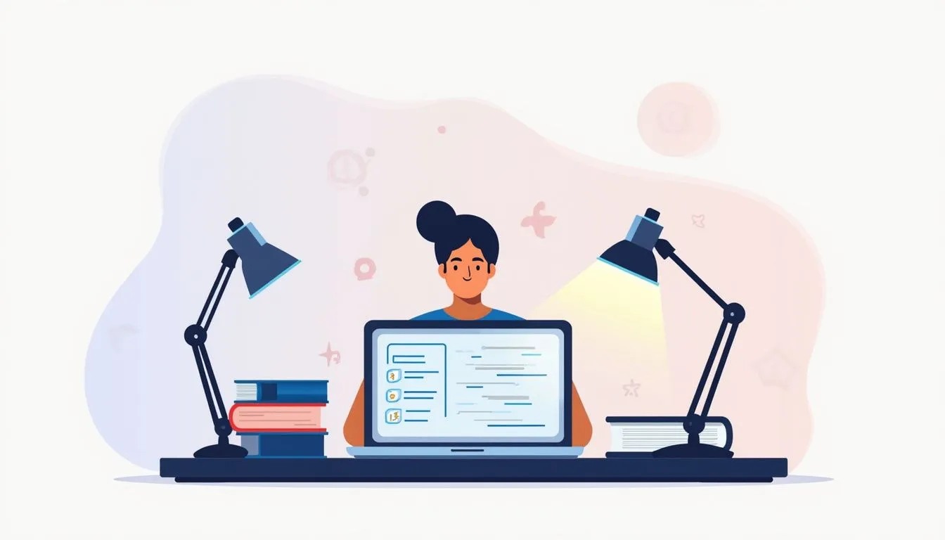 A person sits at a desk with an open laptop, flanked by two desk lamps, books, and papers, working in a well-lit, organized workspace.