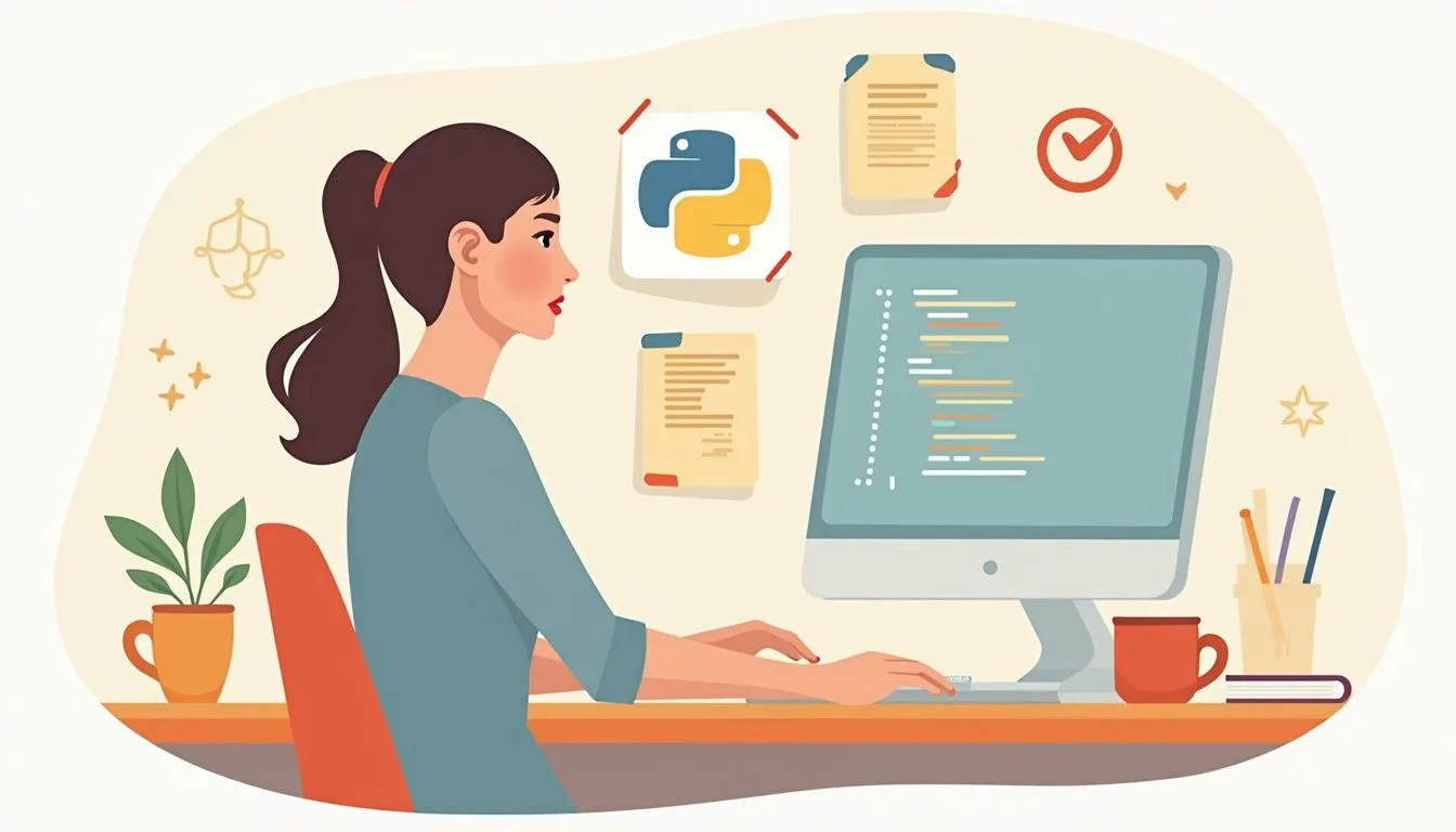 Woman coding Python on a computer with coffee cups and notes. Woman coding Python on a computer with coffee cups and notes.