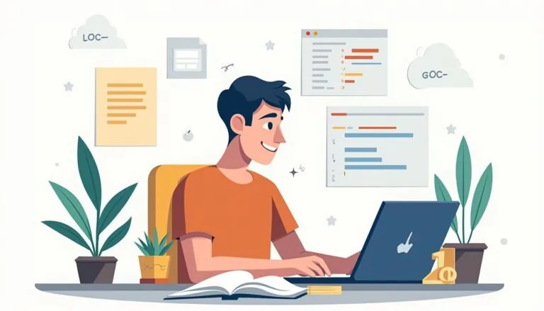 A person sits at a desk with a laptop, surrounded by plants, papers, and charts, appearing to work or study in a bright, organized workspace.