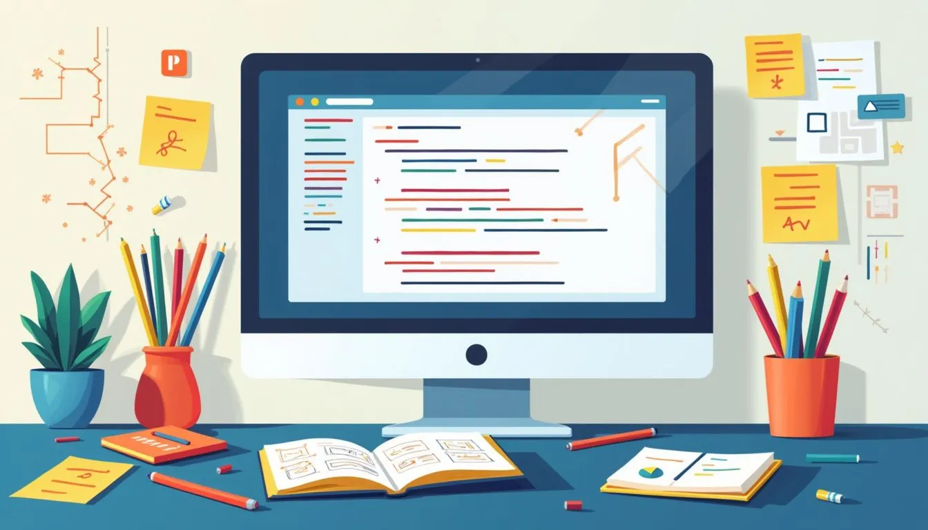 Minimalist workspace illustration featuring Python code and colorful stationery.