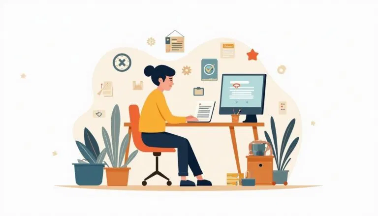 A woman sits at a desk working on a computer, surrounded by office supplies, plants, and wall decorations in a home office setting.