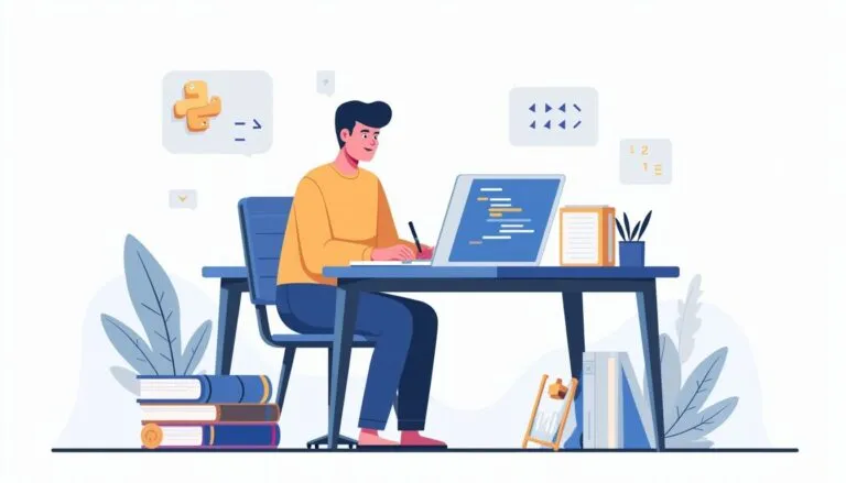 Illustration of a person sitting at a desk using a laptop, surrounded by books, with programming icons and notes on and around the workstation.