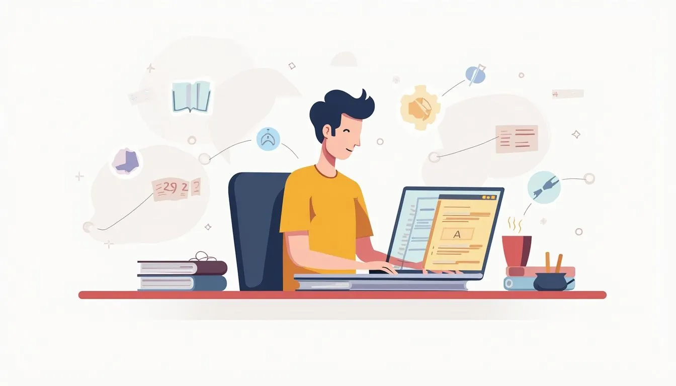 Person typing Python code at a cluttered desk with coffee. Person typing Python code at a cluttered desk with coffee.