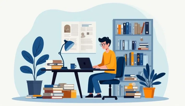 A person sits at a desk working on a laptop, surrounded by books, plants, and a bookshelf, with posters on the wall in a home office setting.