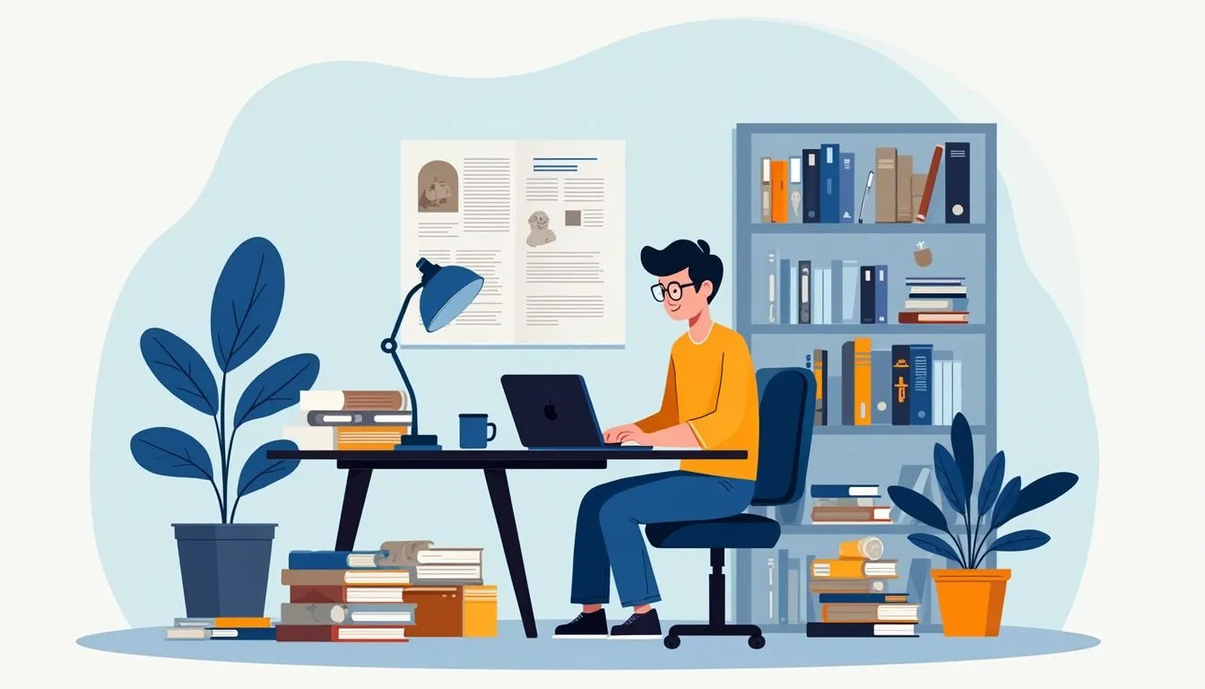 A person sits at a desk working on a laptop, surrounded by books, plants, and a bookshelf, with posters on the wall in a home office setting.