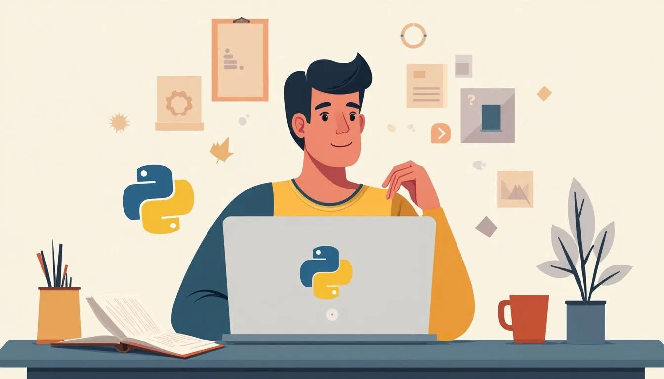 Minimalist illustration of a man coding in a home office.