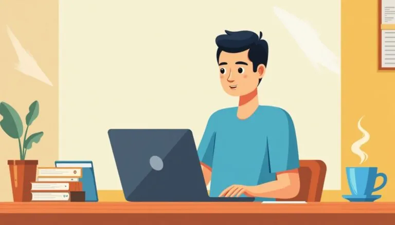 Illustration of a man sitting at a desk using a laptop, with books, a plant, and a steaming cup on the table in a brightly lit room.