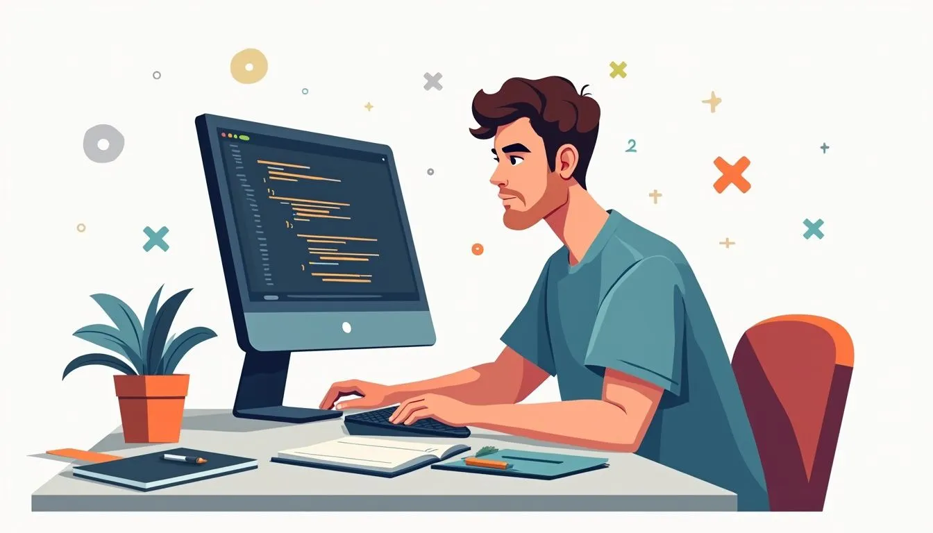 A focused man sits at a cluttered desk coding in Python.