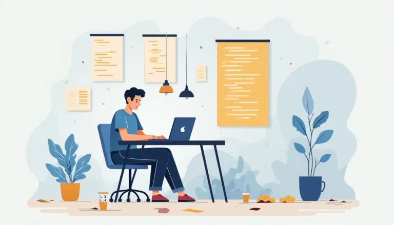 A person sits at a desk using a laptop, surrounded by plants, papers, and documents pinned to the wall in a home office setting.