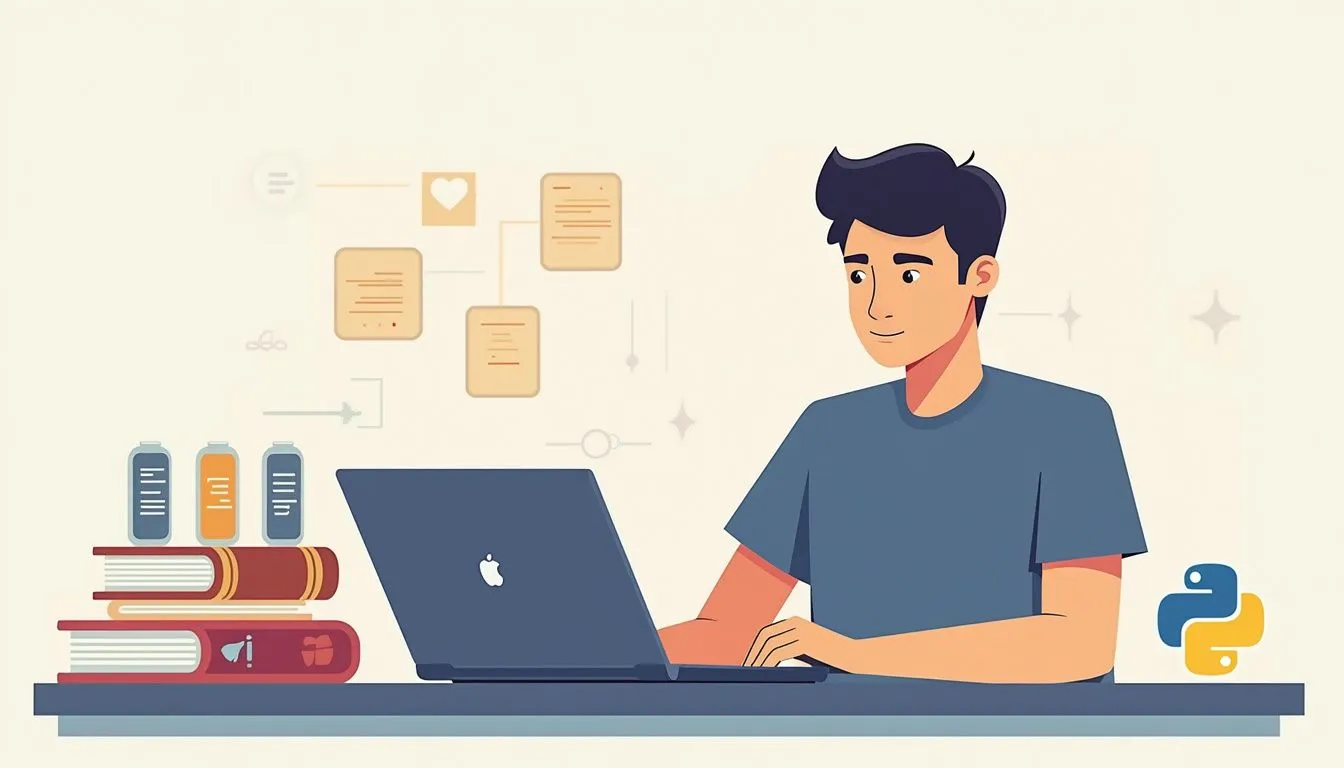 python with open 422660793 A person sits at a desk using a laptop, with books, color markers, and the Python logo nearby; digital icons float in the background.