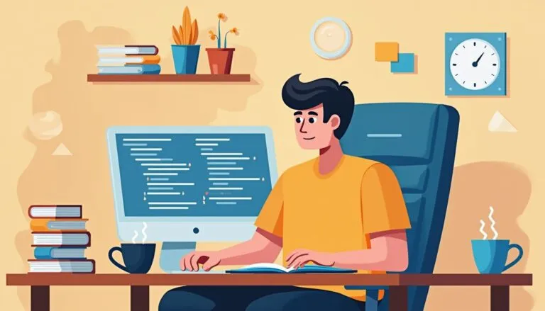 An illustrated person sits at a desk with an open book and a computer displaying code, surrounded by coffee cups, books, and plants, with a wall clock in the background.