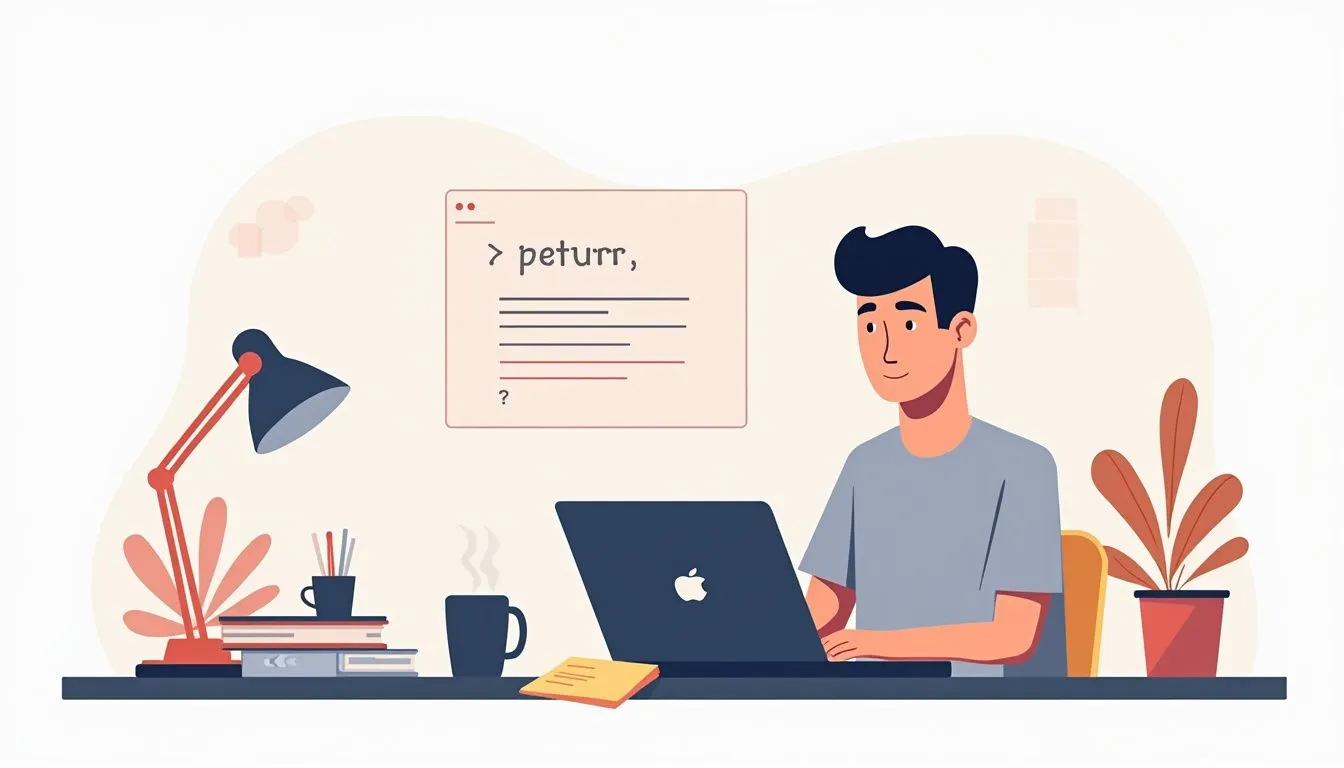 Flat illustration of a programmer at a cluttered desk.