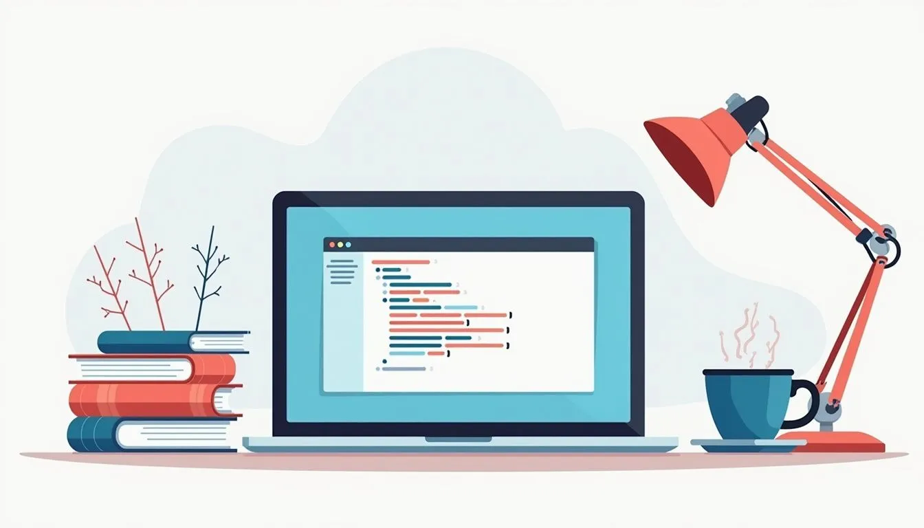 A laptop displaying code sits on a desk with stacked books, a red desk lamp, a cup with steam, and small plants in the background.