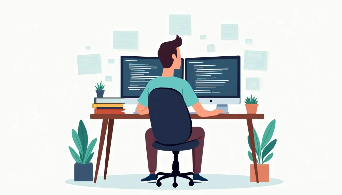 A person sits at a desk working on two computer monitors with code, surrounded by plants, books, and sticky notes on the wall.