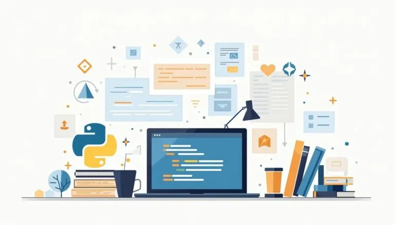 A workspace with a laptop displaying code, books, a coffee cup, and Python-related icons and documents, illustrating programming and software development.