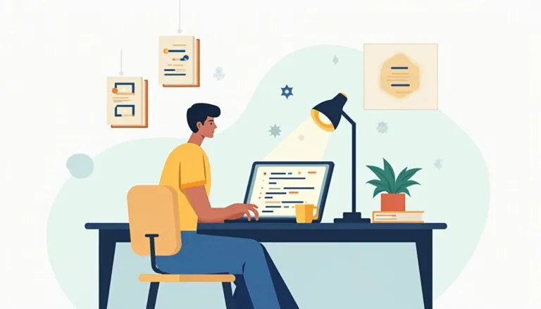 A person sits at a desk working on a laptop, with a lamp, coffee mug, books, and a plant nearby; documents and certificates hang on the wall in the background.