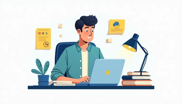 Illustration of a person sitting at a desk working on a laptop, with books, a lamp, a plant, and notes on the wall in the background.