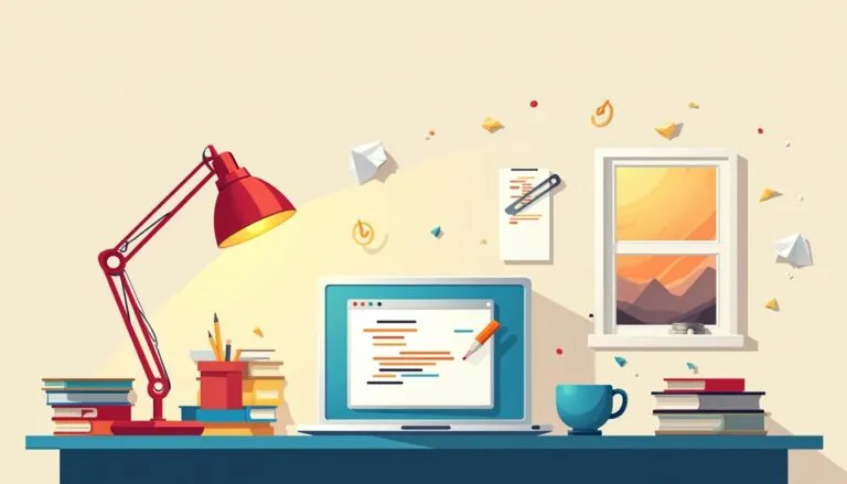 A desk with a laptop displaying code, books, a red lamp, a cup, and scattered papers, set against a wall with a window showing a sunset.